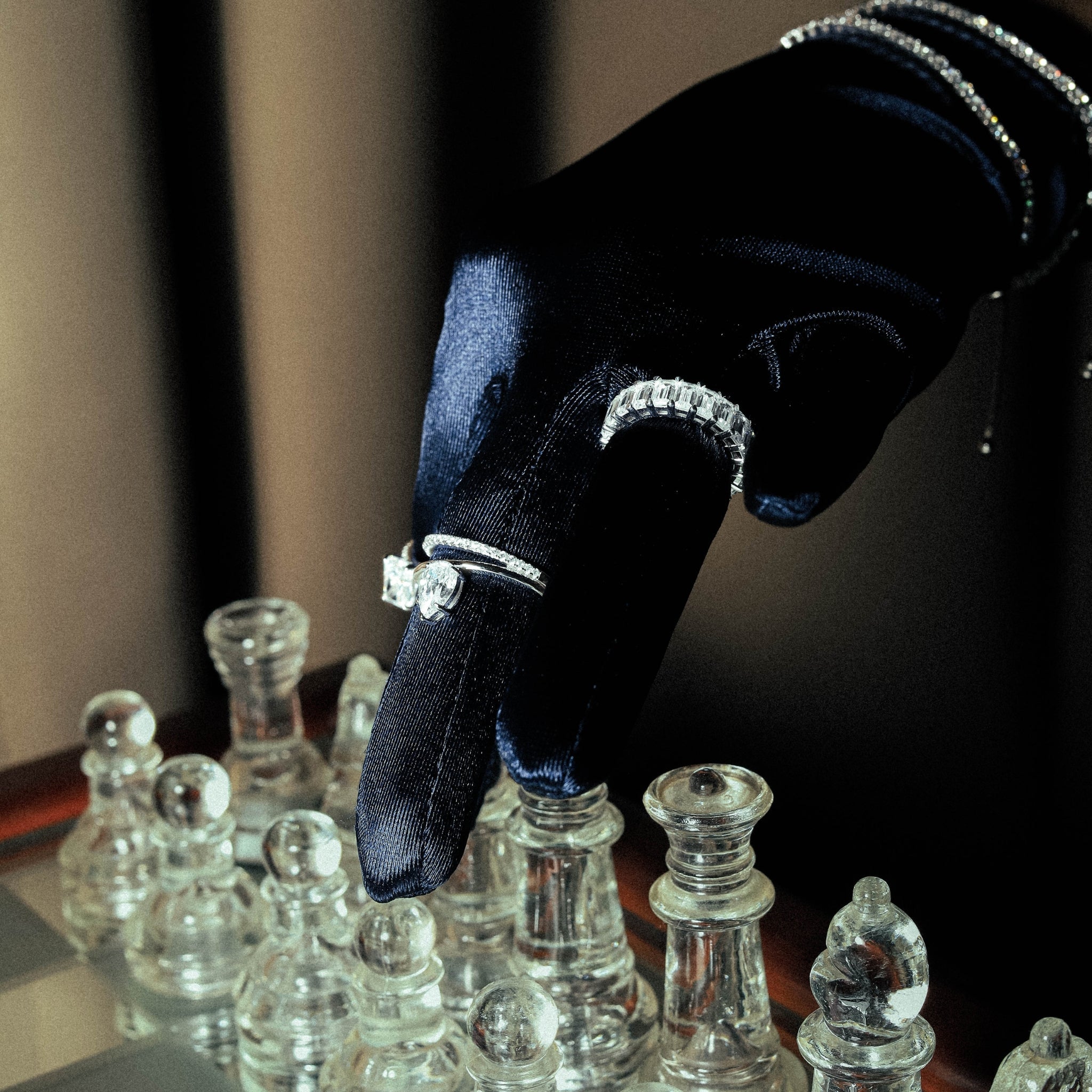 Crystal Garden Geometric Ring in sterling silver with rhodium plating, presented in a luxurious chess setting, perfect for gifting with clear cubic zirconia accent