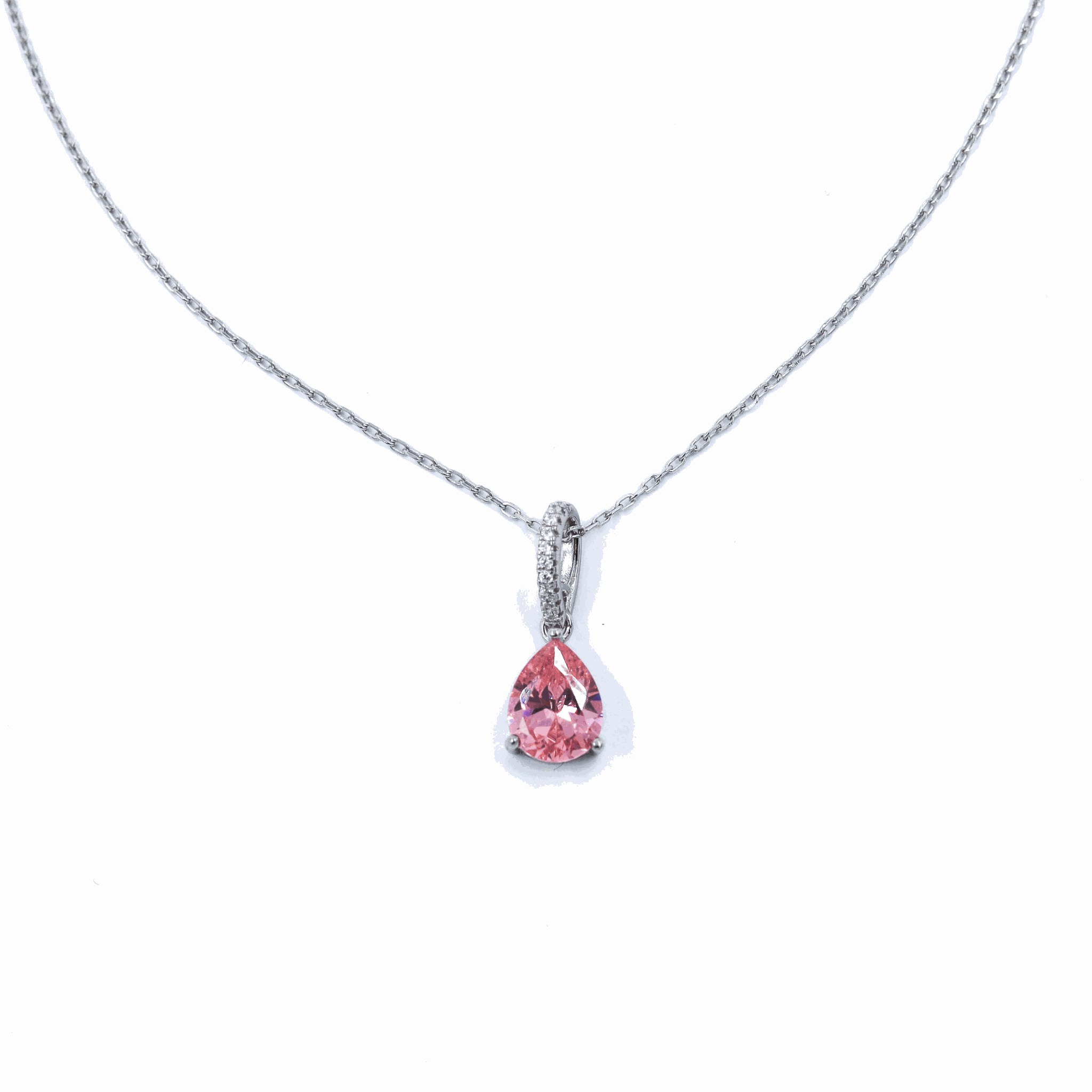 Lost Princess Necklace in Pink, featuring a stunning pink gemstone pendant set on a delicate chain, exuding a regal and elegant look perfect for special occasions. Sterling silver, rhodium plated.