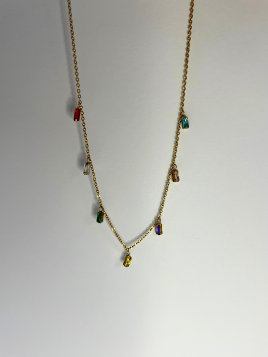 18K gold plated, stainless steel thin necklace, adjustable length with baguette shaped cubic zirconia stones in multiple colors (blue, purple, yellow, green, white,red pink )