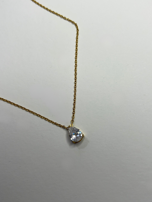 18K gold plated stainless steel necklace, with a drop shape white cubic zirconia, classic