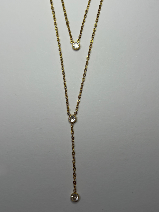 Stainless steel, 18K gold palted layered necklace, with white cubic zirconia stones in a round shape