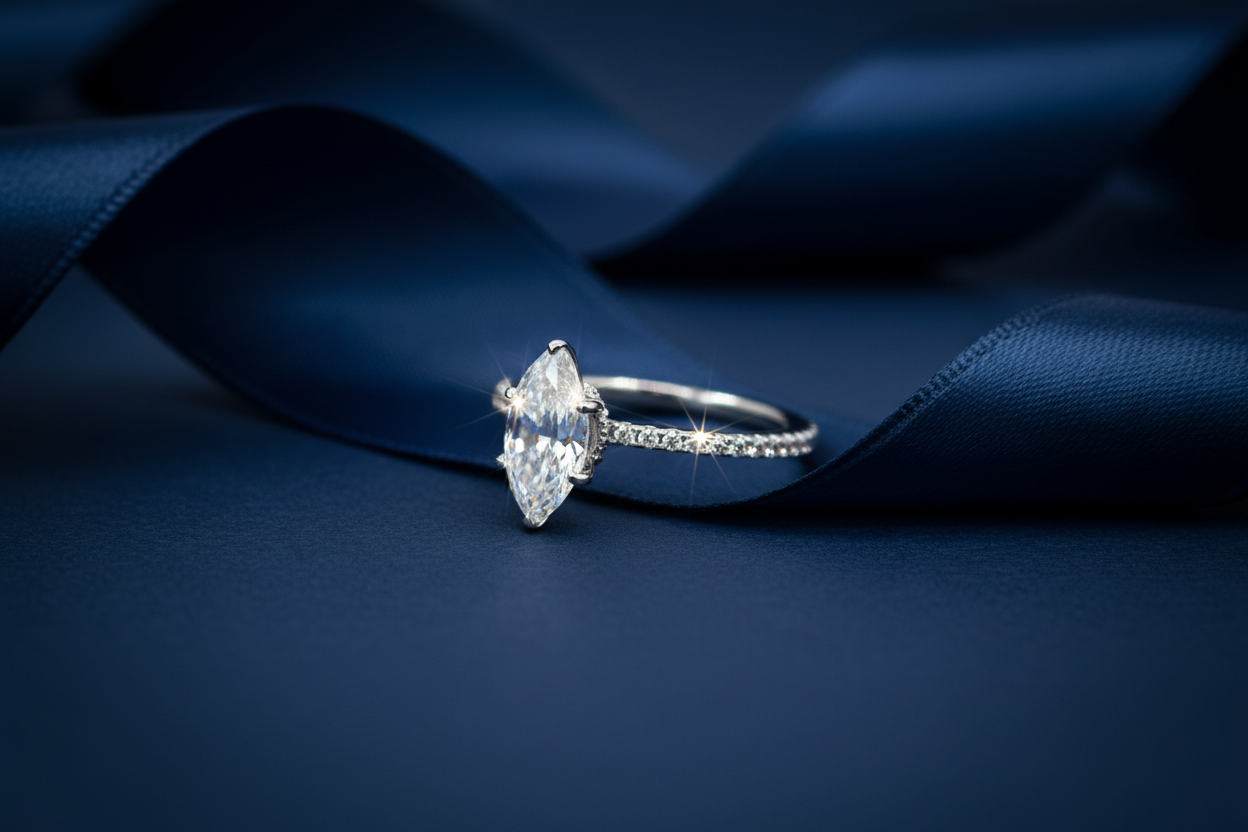 Marquise Cut Ring in sterling silver, showcased on a white background, shown from the side