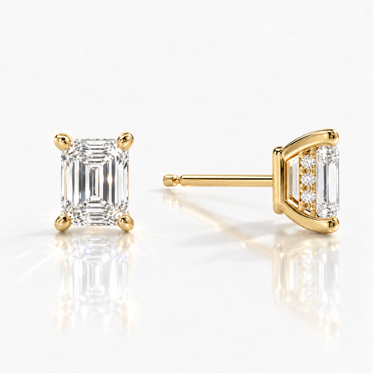 Emerald cut diamond studs with hidden halo